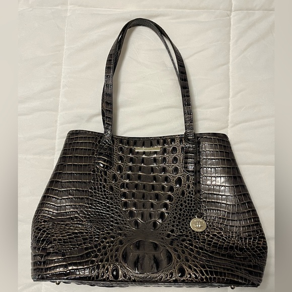 BRAHMIN JULIAN GRAPHITE W GOLD ACCT-MELBOURNE CROC EMBOSSED LEATHER SHOULDER BAG - Picture 1 of 15